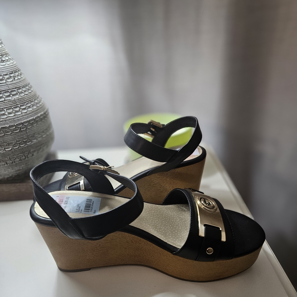 G by Guess Black and Gold Wedge Sandals